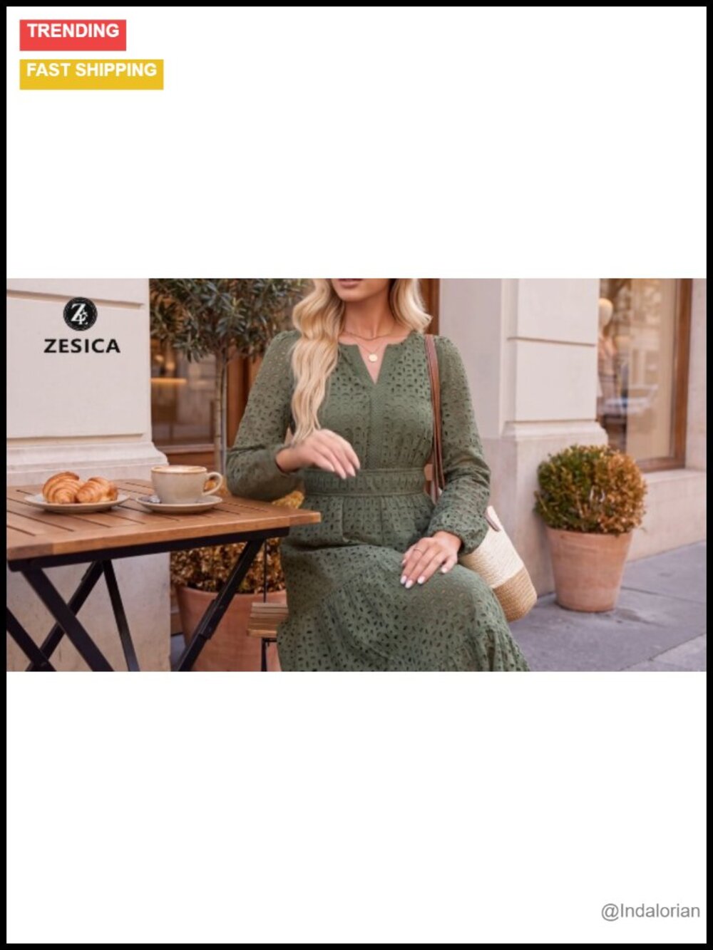 ZESICA Women's Long Sleeve Eyelet Maxi Dress V Neck A Line Flowy - Picture 6 of 6